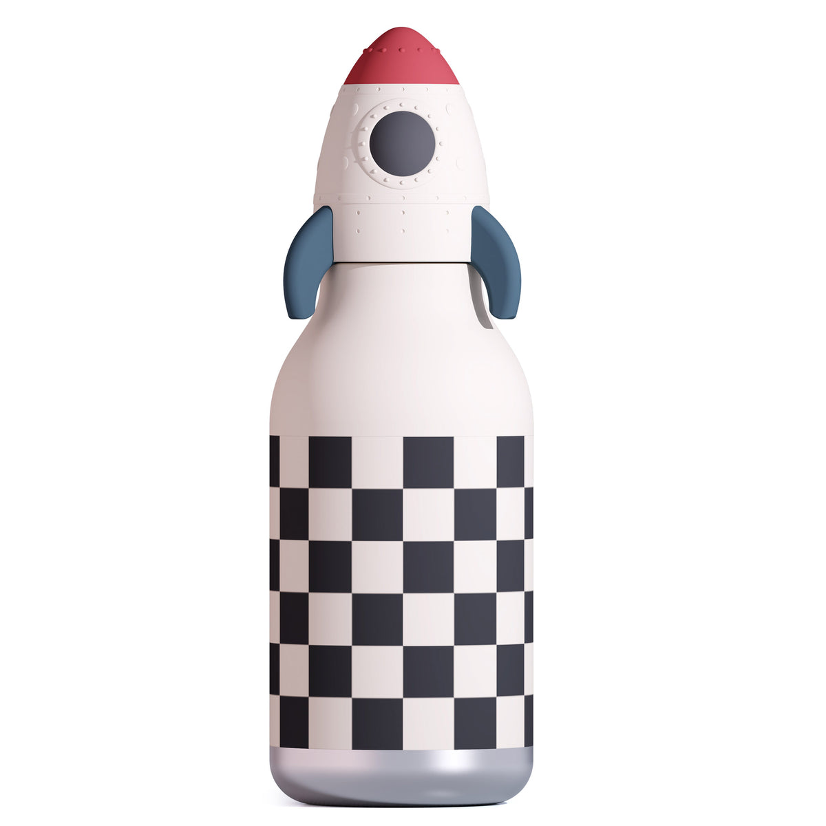 An Asobu Bestie Bottle in the shape of a rocket ship with a checkerboard base and vacuum insulation.