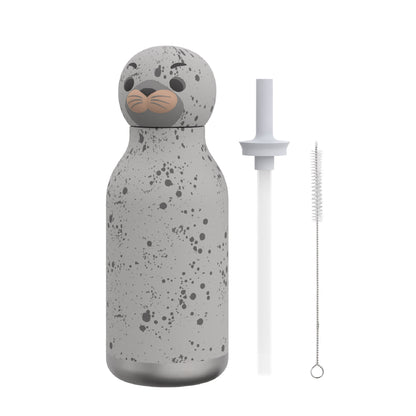 Gray speckled, vacuum-insulated Asobu Bestie Bottle with a matching straw lid and cleaning brush.