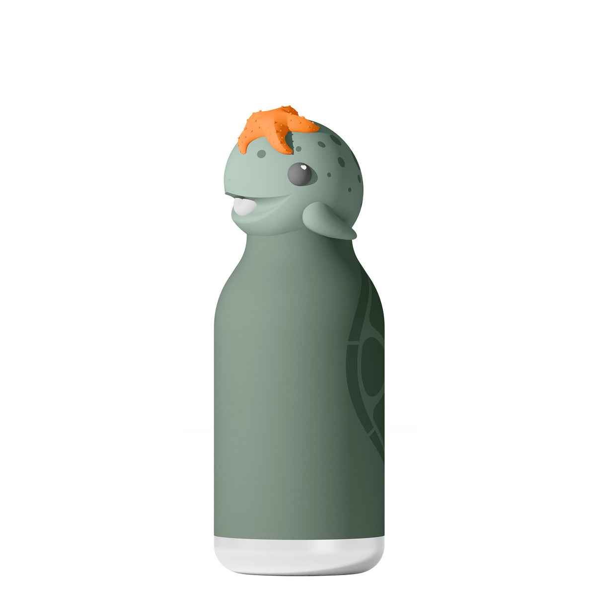 Asobu Bestie Bottle, a green turtle-shaped vacuum insulation water bottle with an orange starfish on its head.