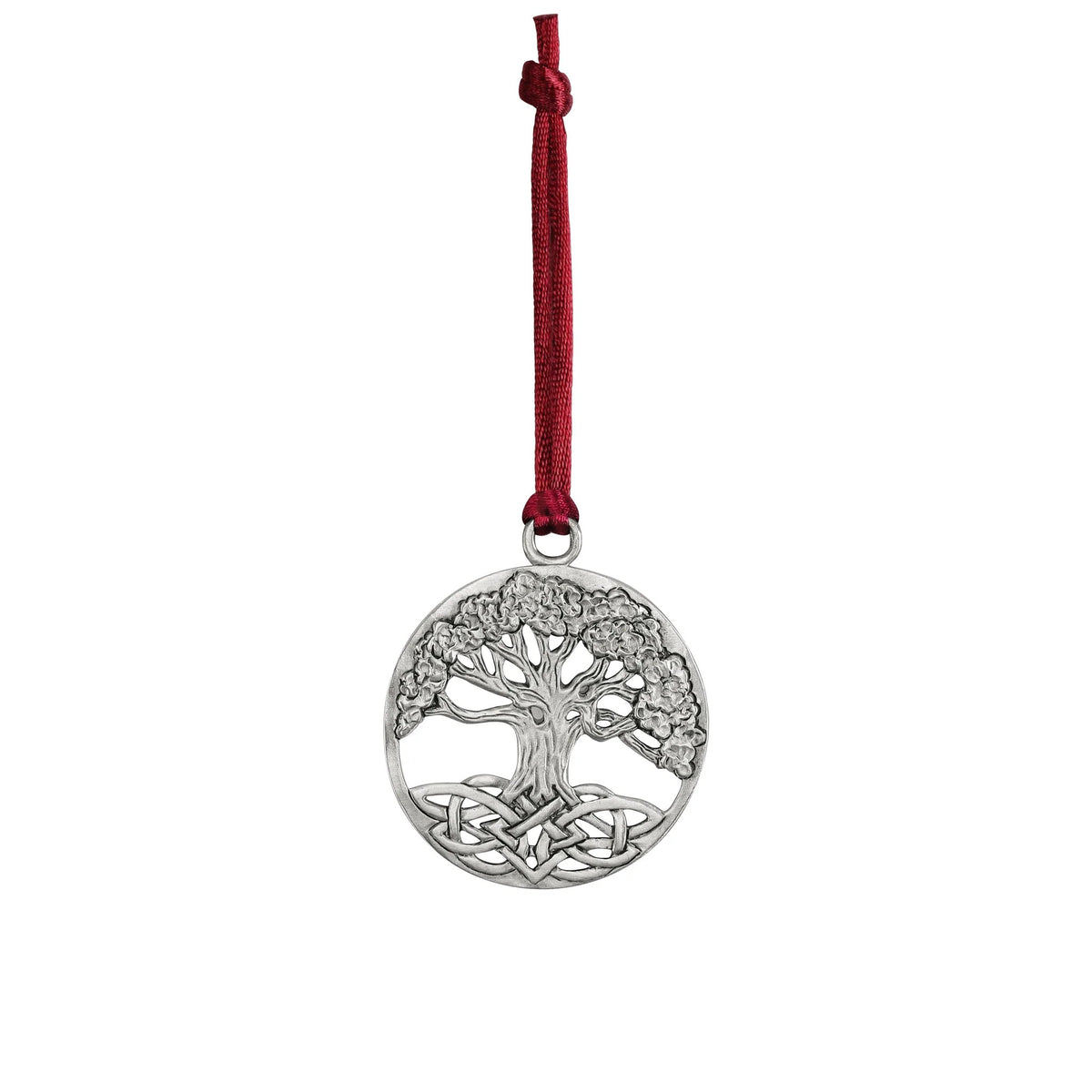 Seagull Pewter Celtic Tree of Life Ornament featuring a handcrafted design hanging from a red ribbon.