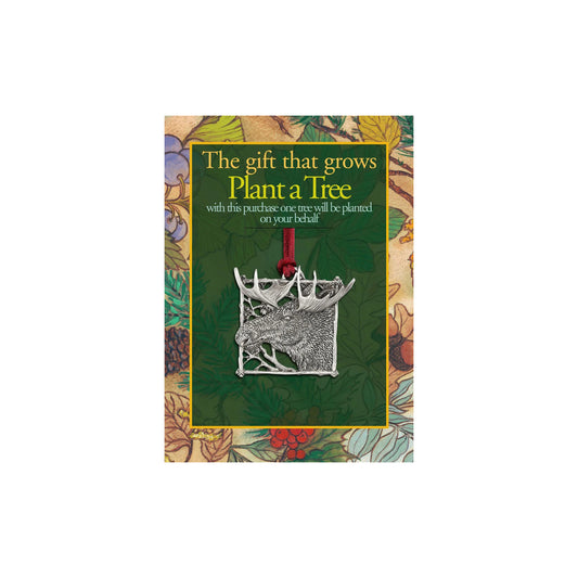Product Image – A pewter moose ornament on a Seagull Pewter Plant-A-Tree Moose Ornament card, noting one tree will be planted.