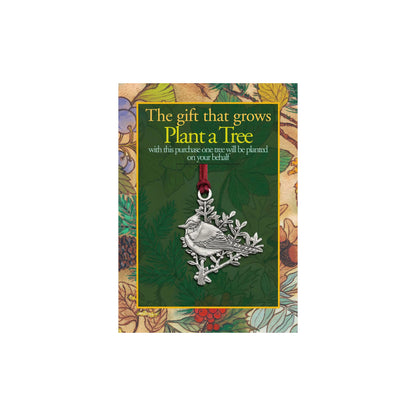 Seagull Pewter Plant-A-Tree Blue Jay Ornament on a display card with a red ribbon hanger.