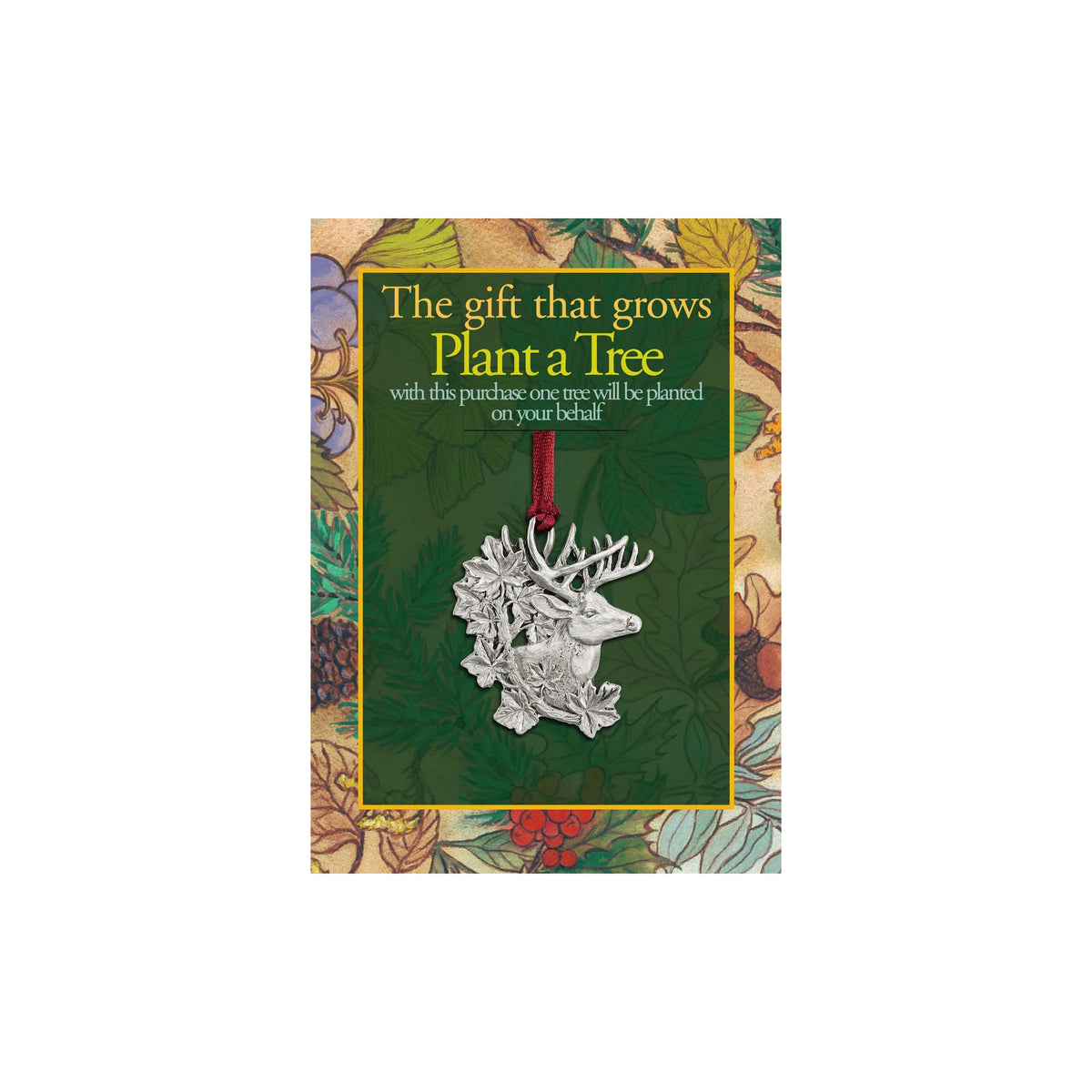 Seagull Pewter Plant-A-Tree Whitetail Deer Ornament on a display card reading, “The gift that grows Plant a Tree.”