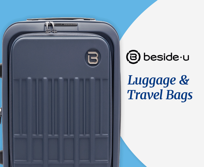 Gif of closed hard shell navy luggage, open luggage, and an inside pouch for travel items. Beside-u Luggage & Travel Bags.