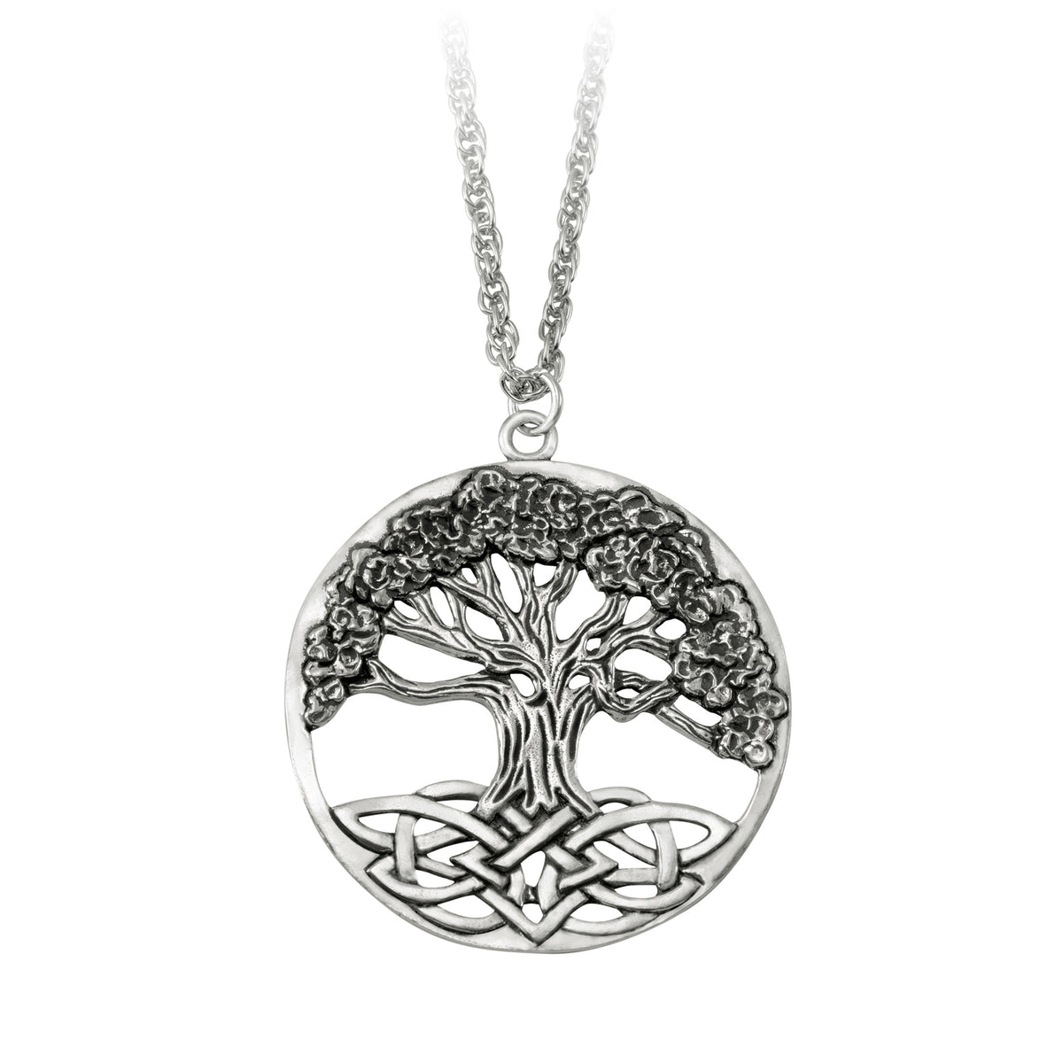 Seagull Pewter Celtic Tree of Life Pendant in silver-tone with interwoven roots on a metal chain.