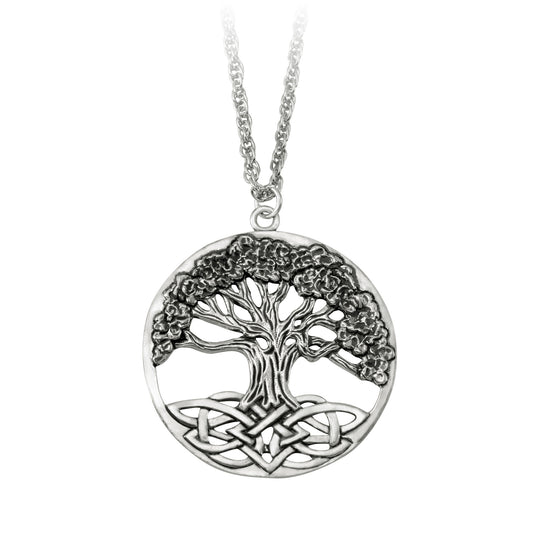 Product Image – Seagull Pewter Celtic Tree of Life Pendant in silver-tone with interwoven roots on a metal chain.