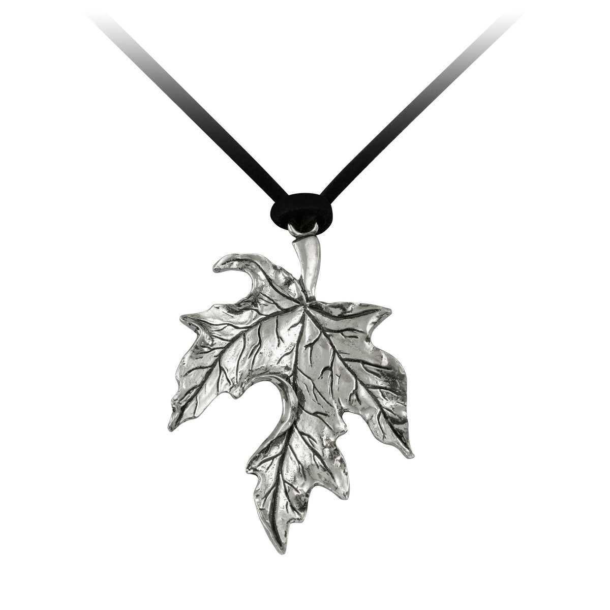 Seagull Pewter Maple Leaf Pendant - ONLINE ONLY on a black cord necklace.