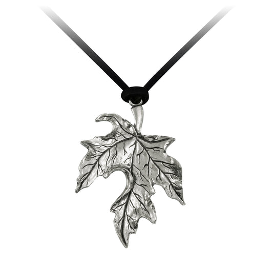 Product Image – Seagull Pewter Maple Leaf Pendant - ONLINE ONLY on a black cord necklace.