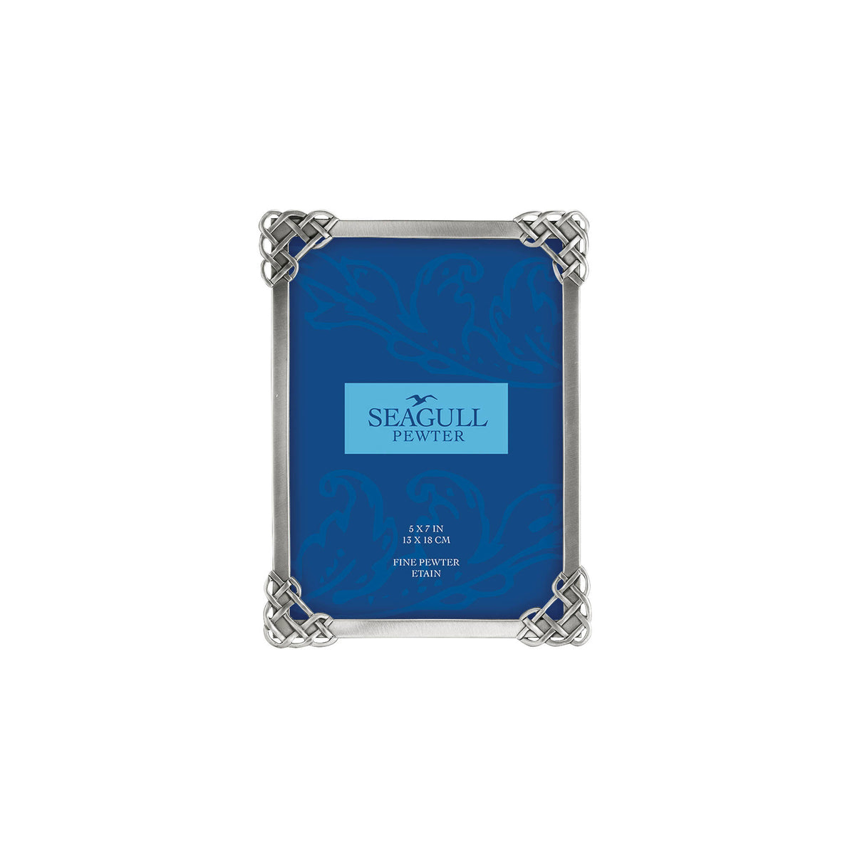 Seagull Pewter Celtic Corner 5x7 Picture Frame: a rectangular satin pewter frame with Celtic knot corners.
