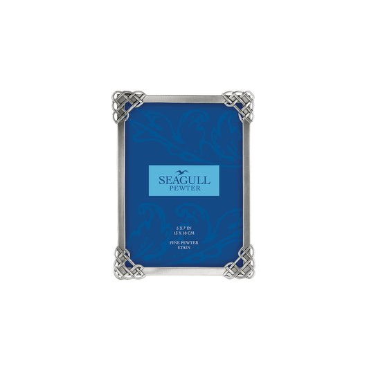 Product Image – Seagull Pewter Celtic Corner 5x7 Picture Frame: a rectangular satin pewter frame with Celtic knot corners.