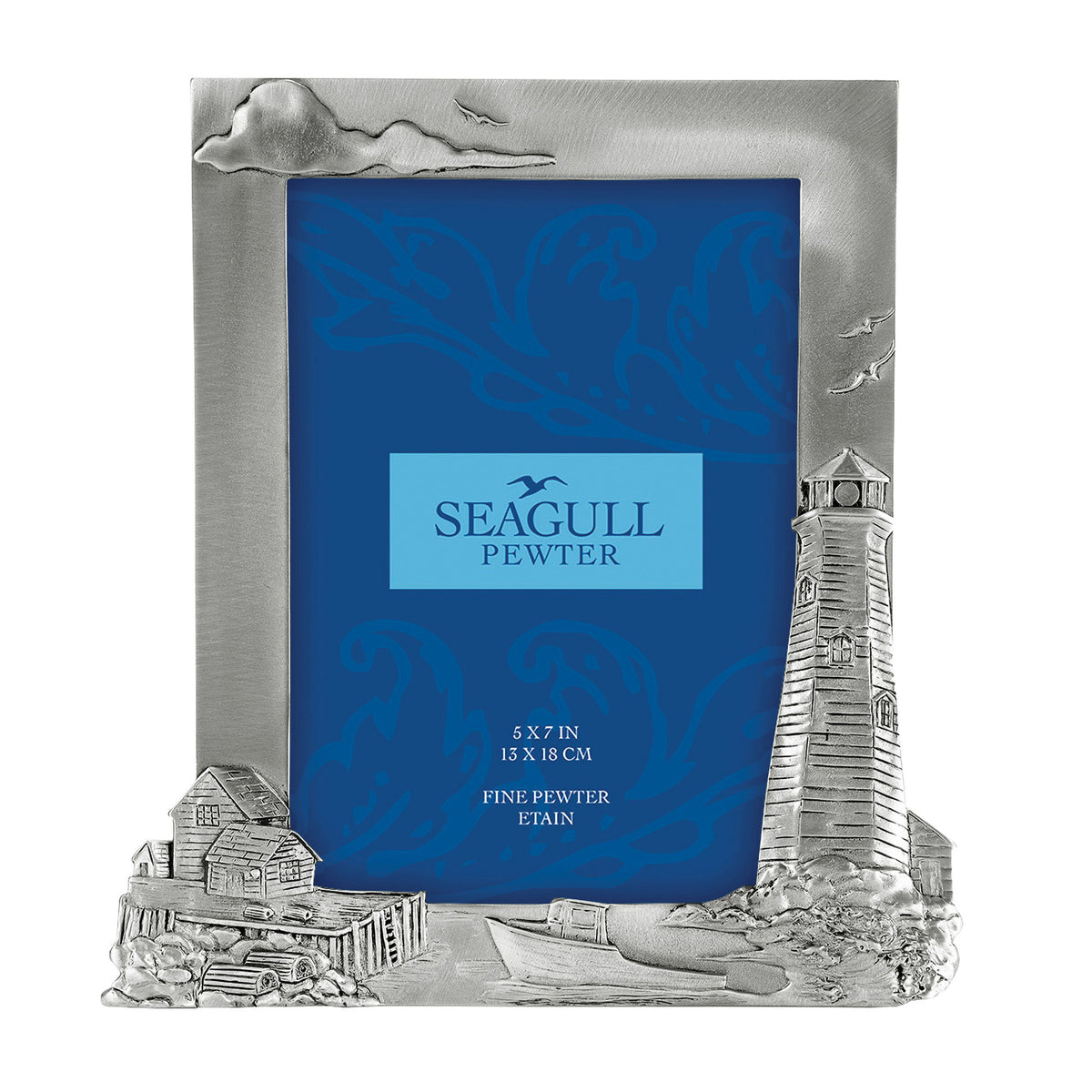 Seagull Pewter Lighthouse 5x7 Picture Frame featuring a border with embossed coastal buildings and a boat.