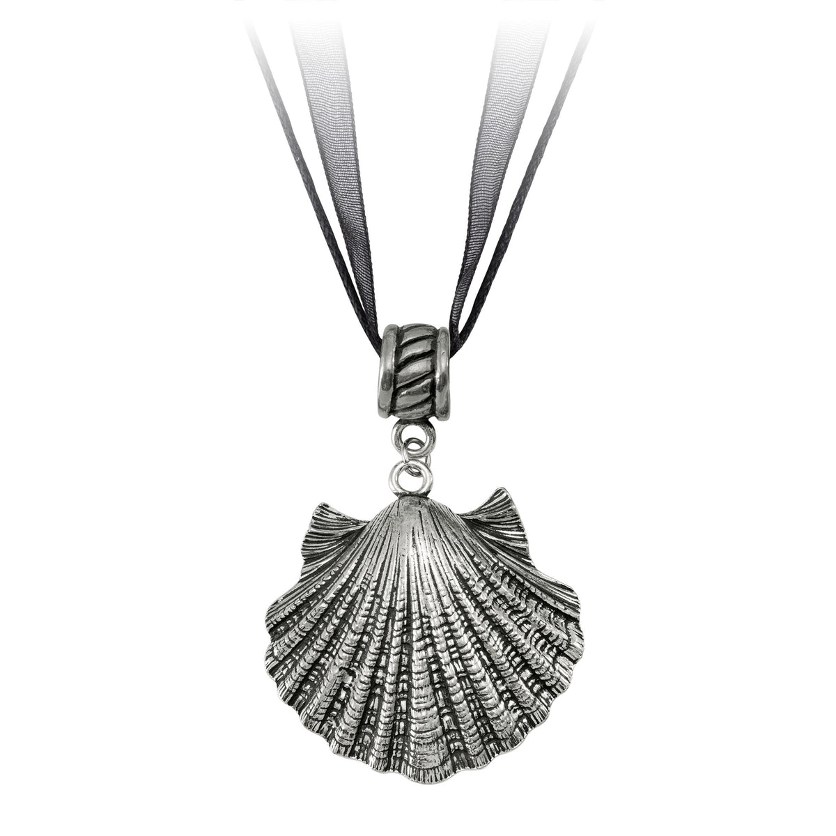 Seagull Pewter Shell Pendant in the shape of a scallop shell on a black ribbon cord.