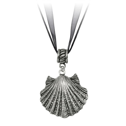 Product Image – Seagull Pewter Shell Pendant in the shape of a scallop shell on a black ribbon cord.