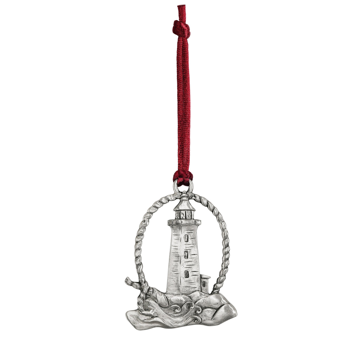 Seagull Pewter Lighthouse Ornament, a handcrafted silver-tone pewter lighthouse hanging from a red ribbon.