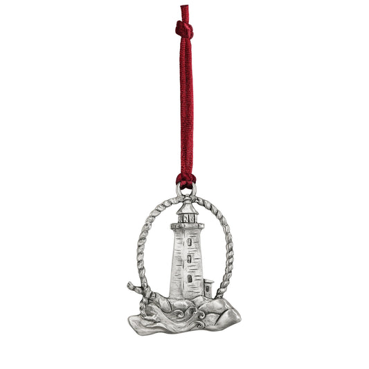 Product Image – Seagull Pewter Lighthouse Ornament, a handcrafted silver-tone pewter lighthouse hanging from a red ribbon.