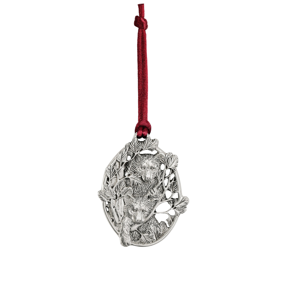 Handcrafted in Nova Scotia, this Seagull Pewter Plant-A-Tree Bear Ornament is a pewter oval featuring two bears.