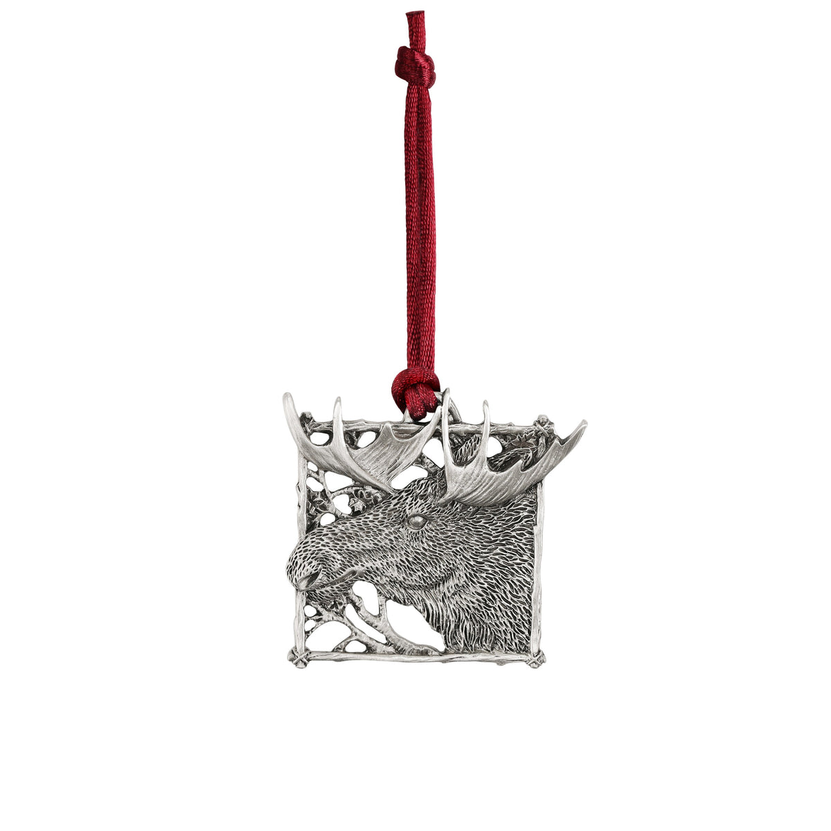 Square silver-tone Seagull Pewter Plant-A-Tree Moose Ornament hanging from a red ribbon.
