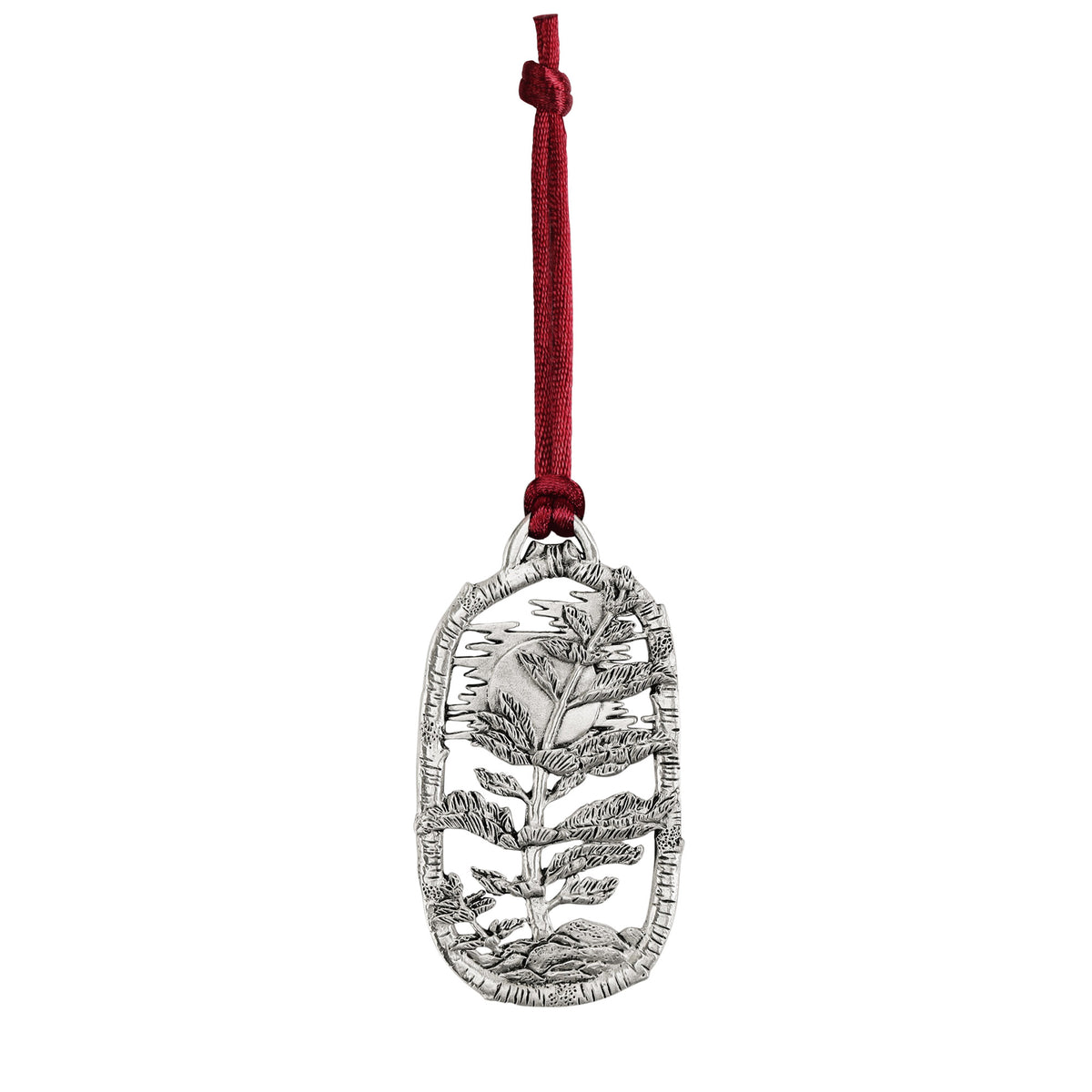 Seagull Pewter Plant-A-Tree Tree Ornament featuring an oval sun design hanging from a red ribbon.