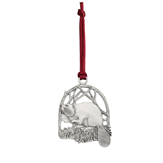 Product Image – Seagull Pewter Plant-A-Tree Beaver Ornament hanging from a red ribbon.