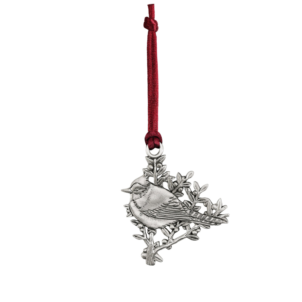 Seagull Pewter Plant-A-Tree Blue Jay Ornament in pewter perched on a branch, hanging from a red ribbon.