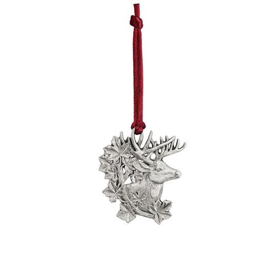 Product Image – Seagull Pewter Plant-A-Tree Whitetail Deer Ornament hanging from a red ribbon, surrounded by handcrafted pewter leaves.
