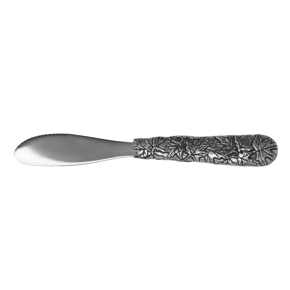 Seagull Pewter Maple Leaf Spreader/Cheese Knife with a serrated metal blade and a raised maple leaf handle.