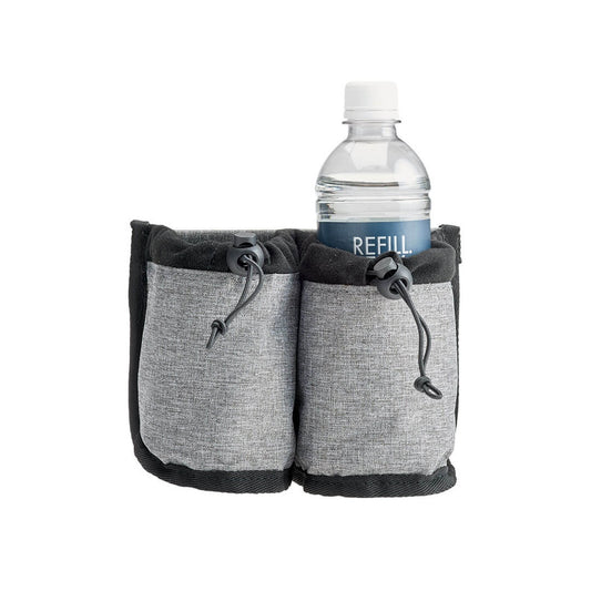 Product Image – High Road Luggage Cup Holder—a travel accessory—holds a water bottle for airport convenience.