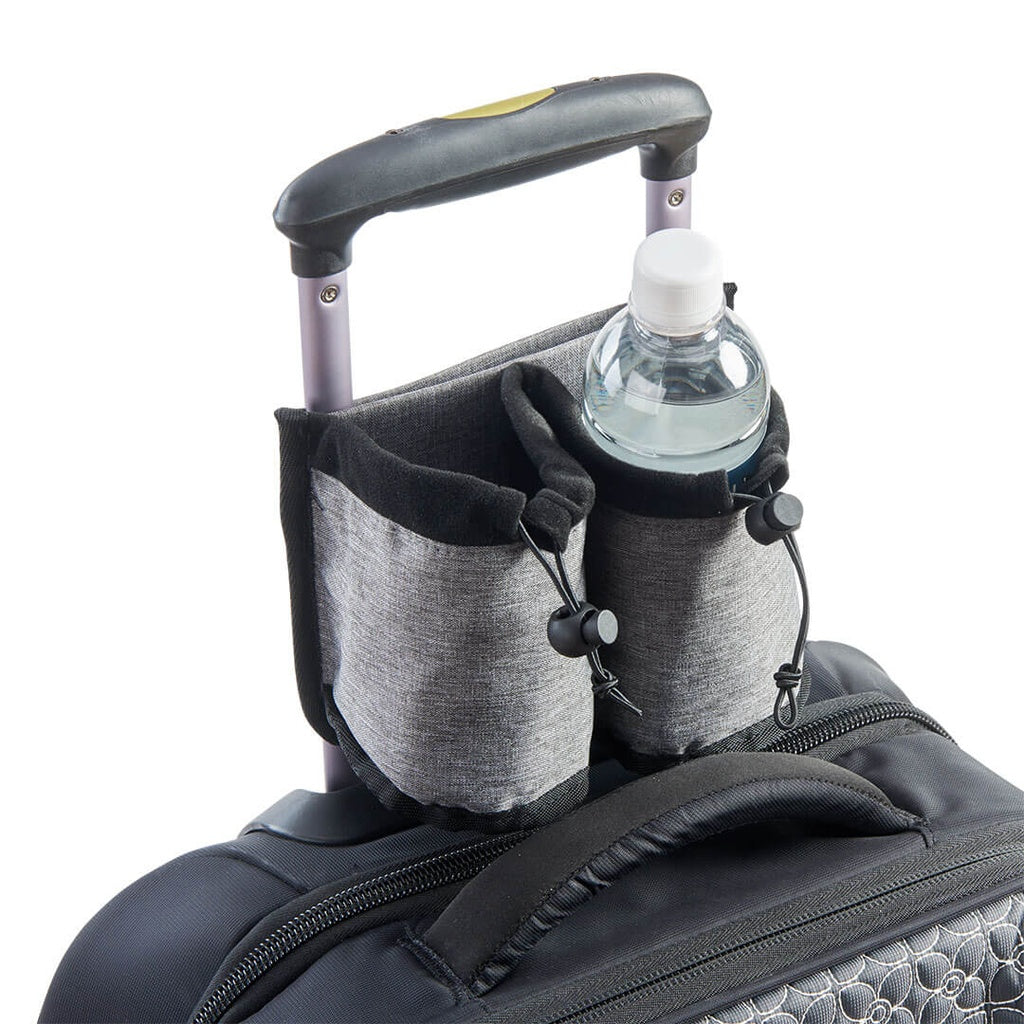 High Road Luggage Cup Holder by High Road attaches to suitcase handles and holds a water bottle for airport use.