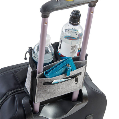 The High Road Luggage Cup Holder holds two water bottles and a blue wallet on a black suitcase handle.