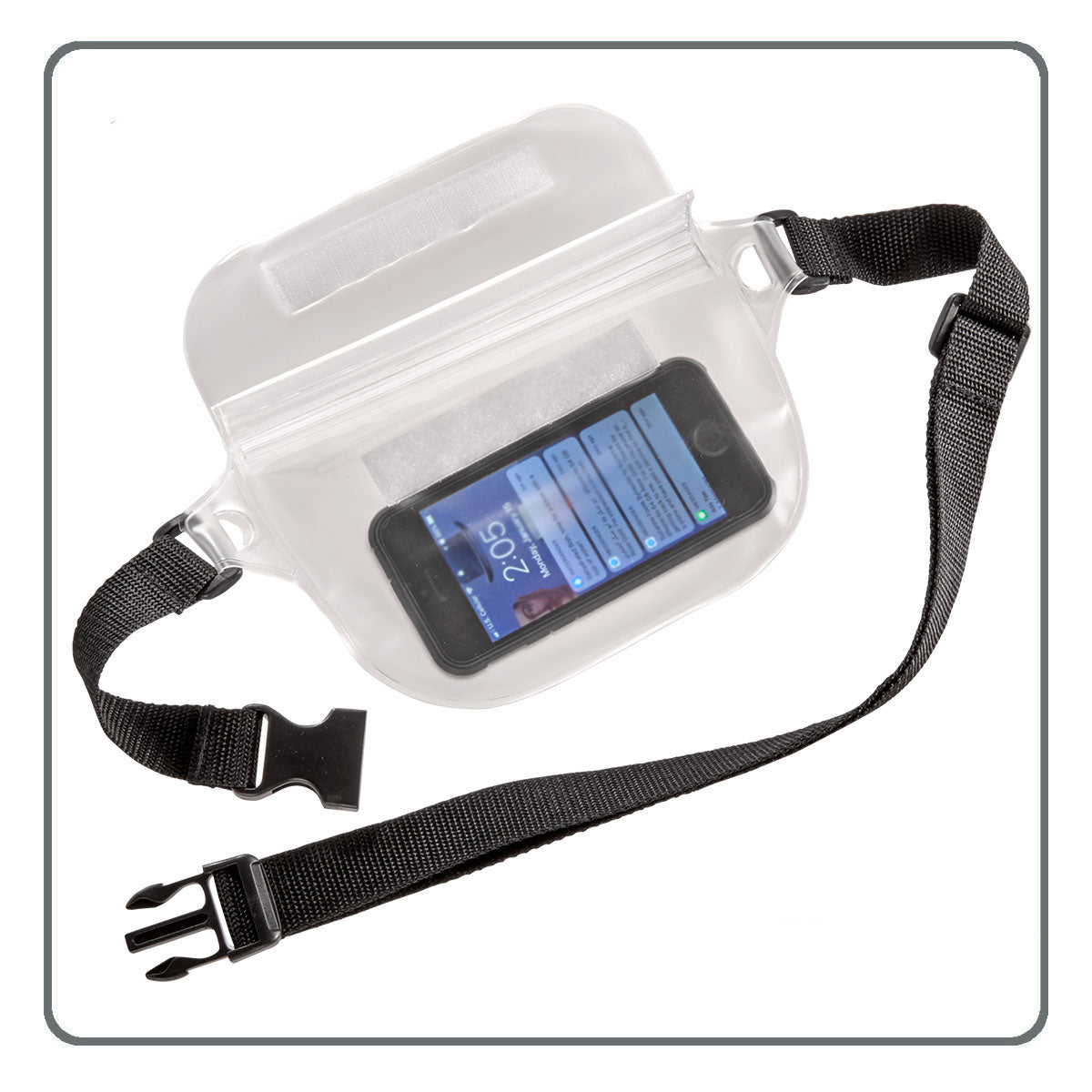 The High Road Waterproof Waist Pack holds a smartphone and has a black adjustable strap with touch screen access.