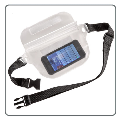 The High Road Waterproof Waist Pack holds a smartphone and has a black adjustable strap with touch screen access.
