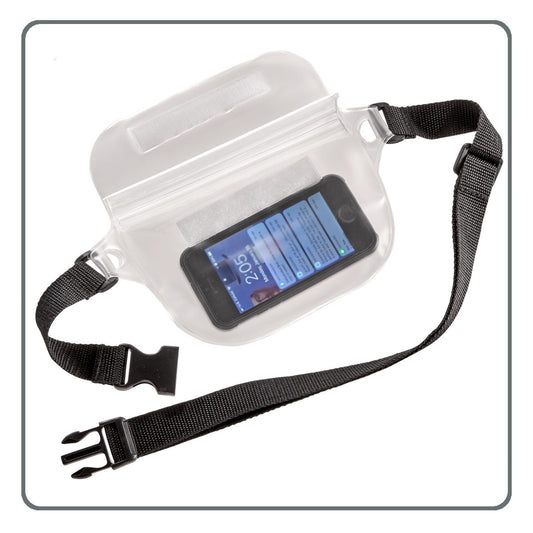 Product Image – The High Road Waterproof Waist Pack holds a smartphone and has a black adjustable strap with touch screen access.