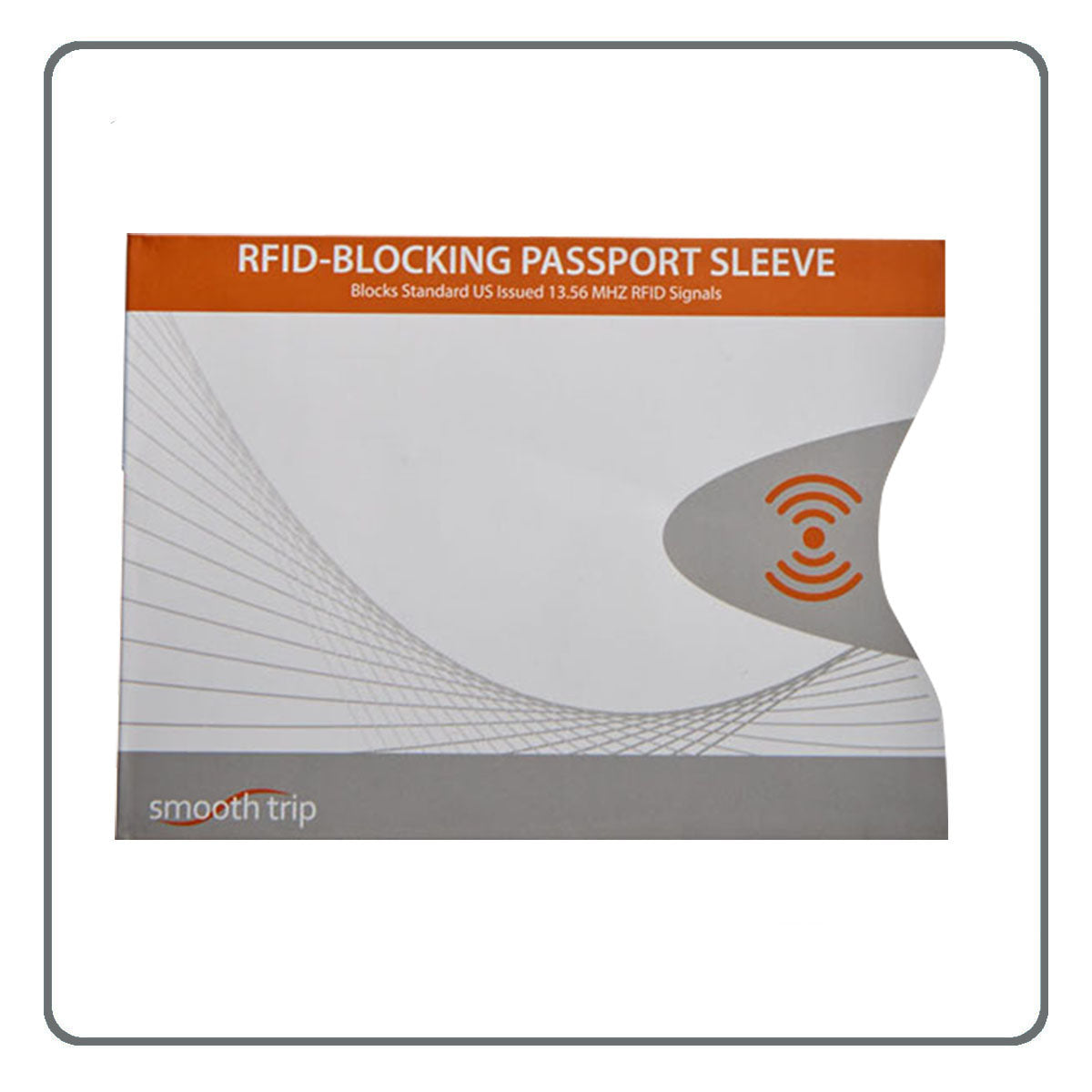 High Road RFID Blocking Passport Sleeve in orange/gray helps prevent ID theft; "High Road" labeled at bottom.