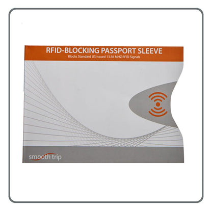 High Road RFID Blocking Passport Sleeve in orange/gray helps prevent ID theft; "High Road" labeled at bottom.