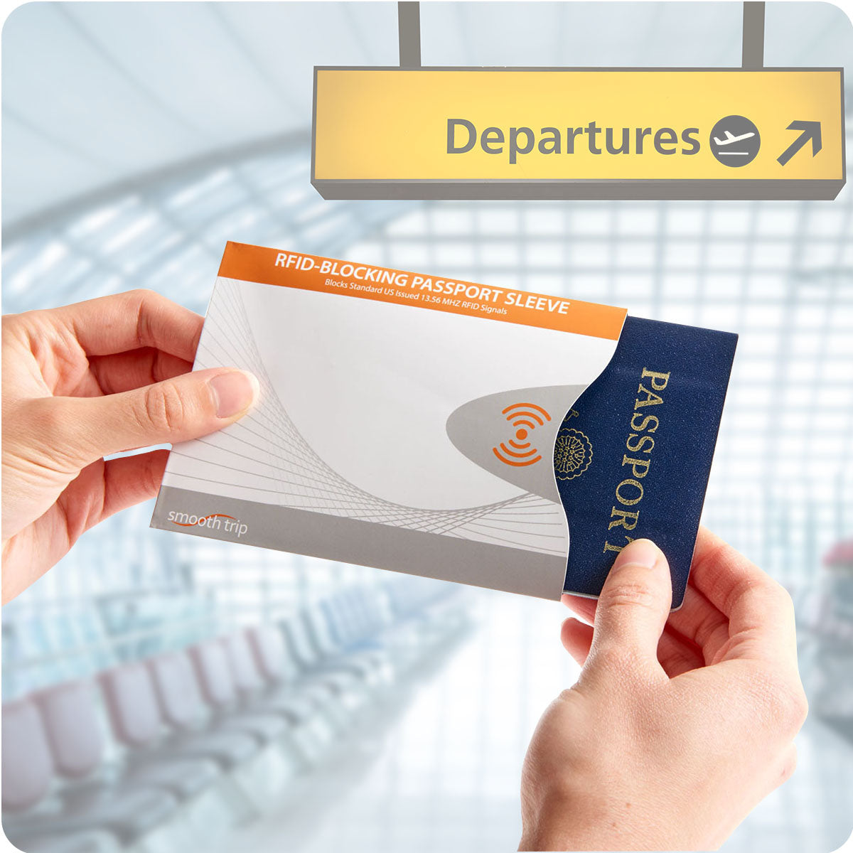 A traveler uses the High Road RFID Blocking Passport Sleeve to prevent ID theft at the airport.
