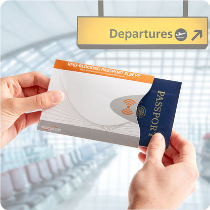 A traveler uses the High Road RFID Blocking Passport Sleeve to prevent ID theft at the airport.