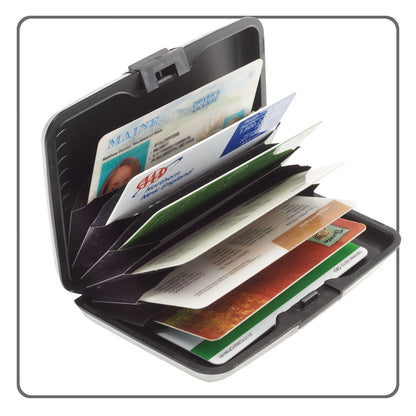 The High Road RFID Blocking Aluminum Card Case opens to show organized slots for credit, ID, and membership cards.