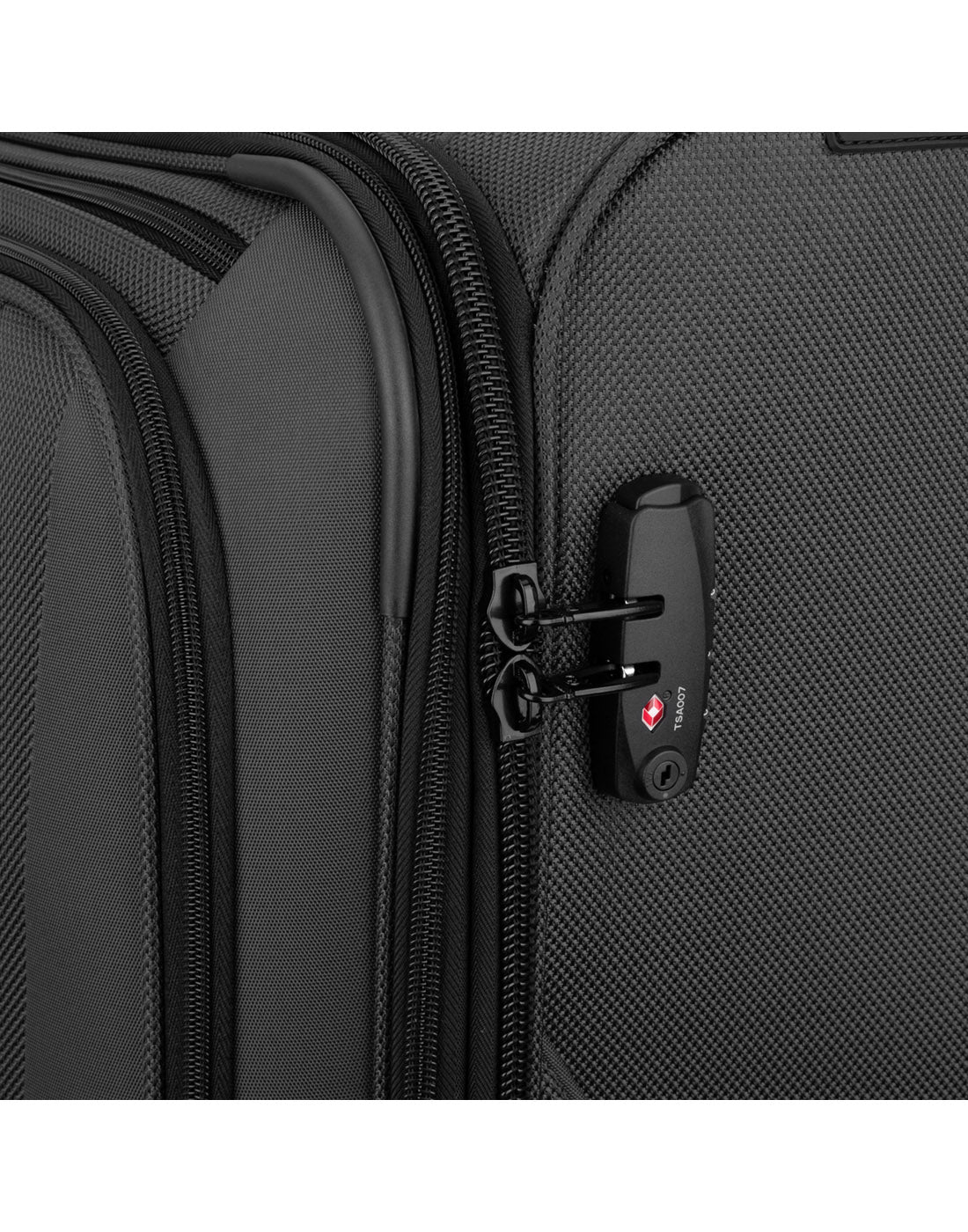 Close up of lockable zipper pulls on Swiss Gear Neolite III 25" Expandable Spinner in black