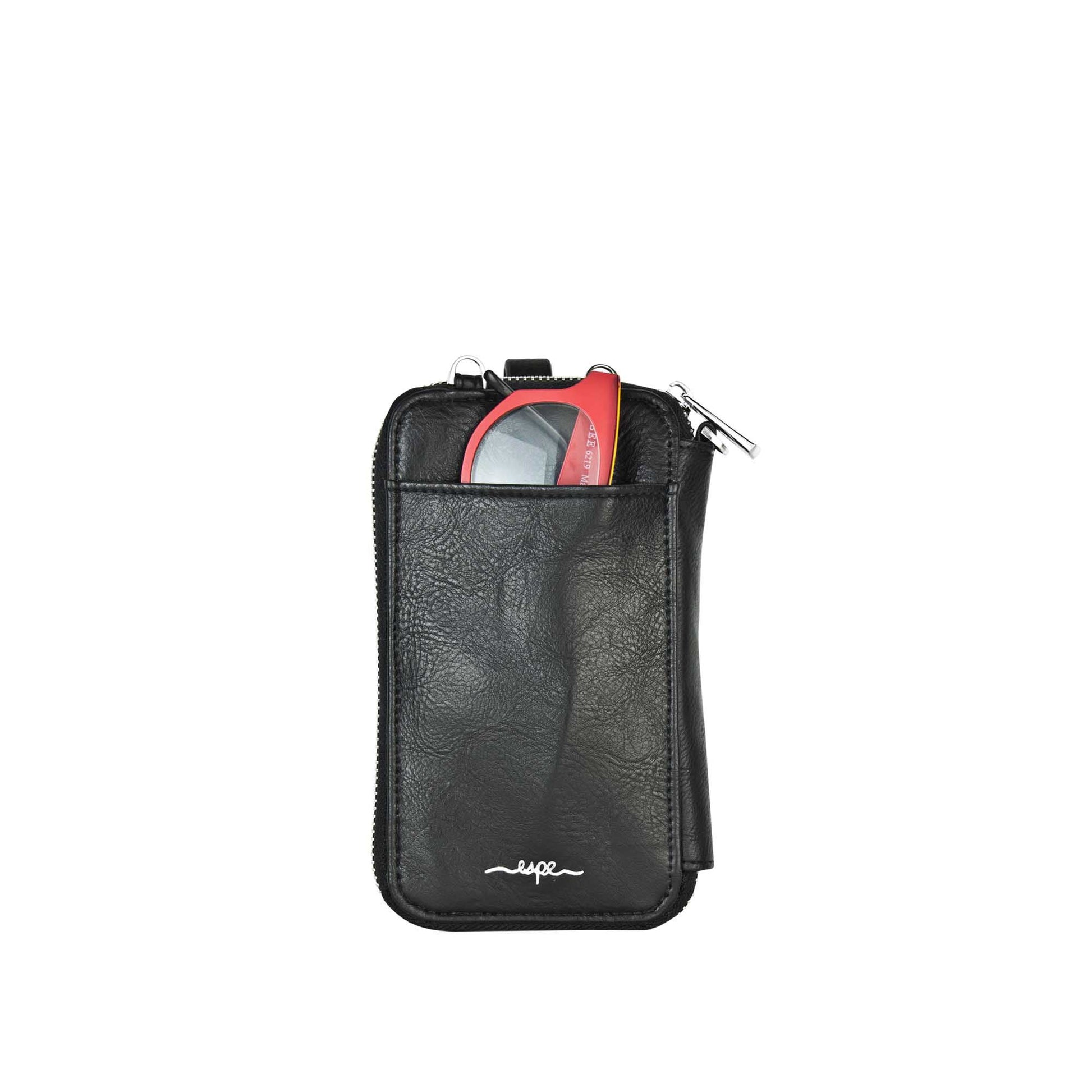 Espe Pastel Smartphone Pouch, black, front view with red glasses in the back pocket