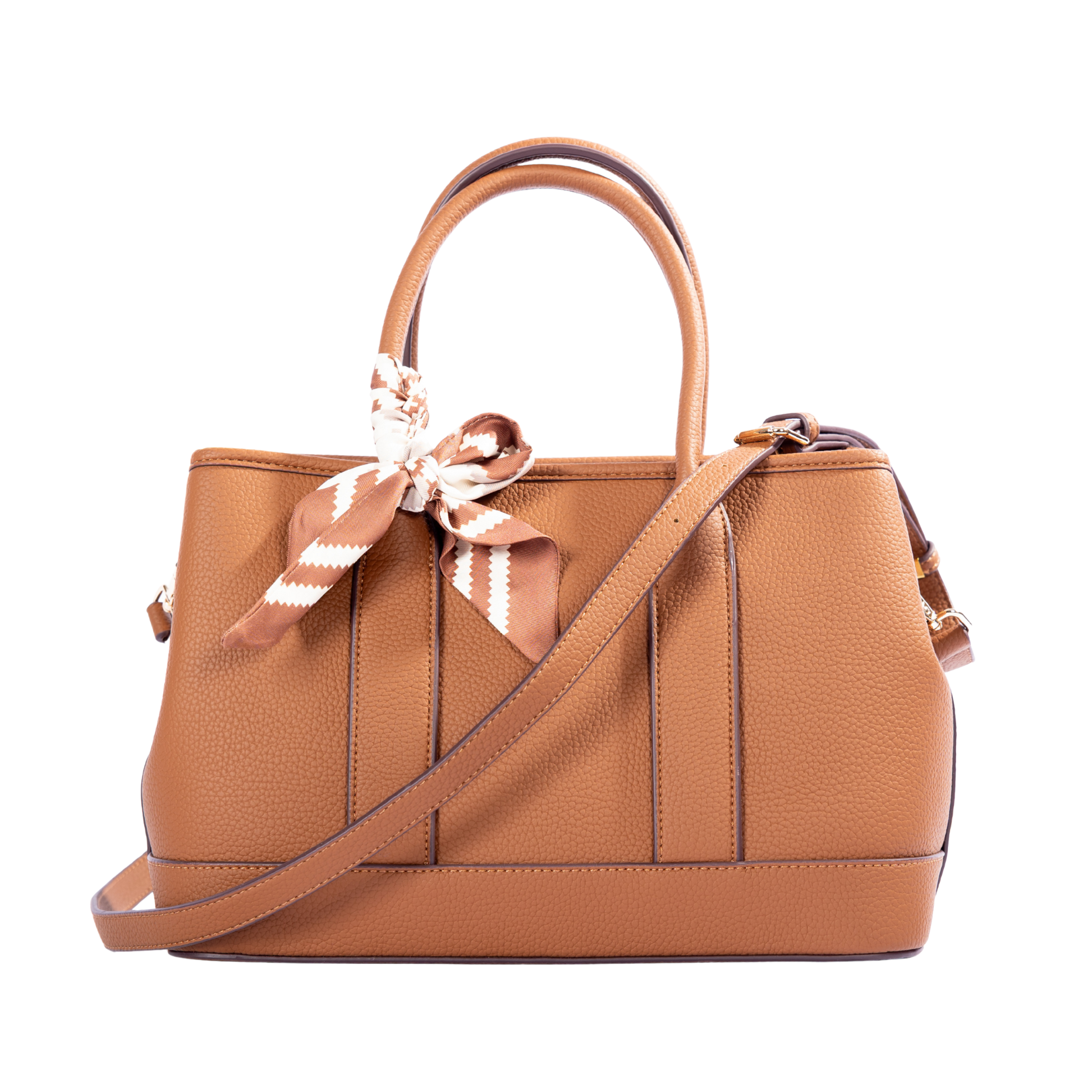 Miss Caprice Solana Handbag: Brown, dual handles, shoulder strap, brown-and-white scarf on one handle.