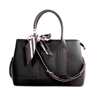 Miss Caprice Solana Handbag: Structured black leather bag with top handle, shoulder strap, and a tied patterned scarf.