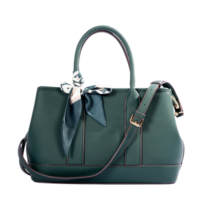 Miss Caprice Solana Handbag in dark green with top handle, shoulder strap, and scarf detail.