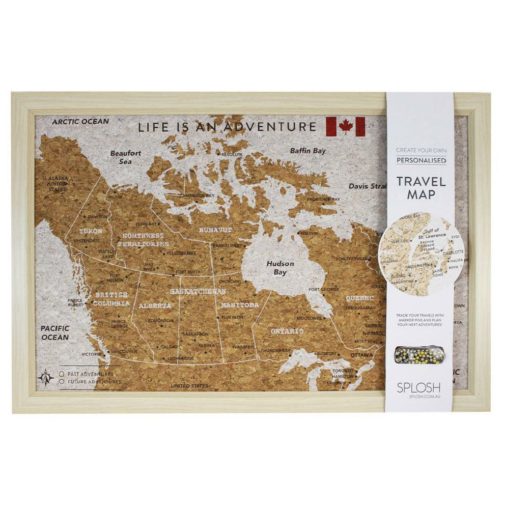 Travel Board Small Canada Map, framed cork map, front view with packing strap