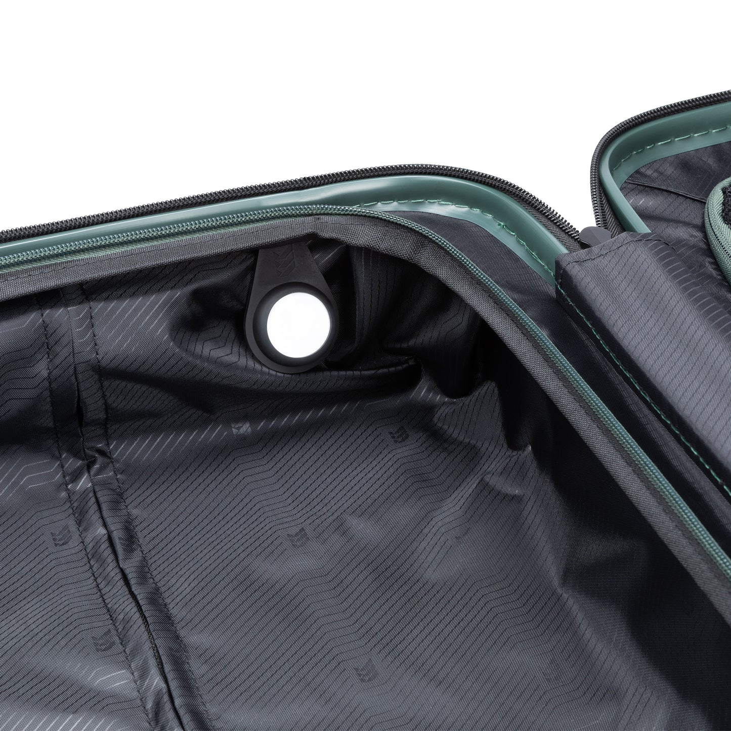 Travelite Itinerary Hardside Spinner Carry-on open, showing interior lining with a black & white grommet by the zipper.