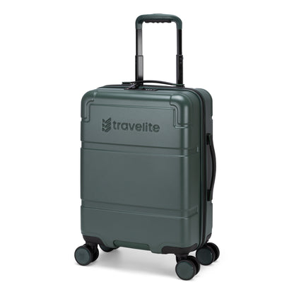 Travelite Itinerary Hardside Spinner Carry-on, dark green with TSA lock, 4 wheels, and front logo.