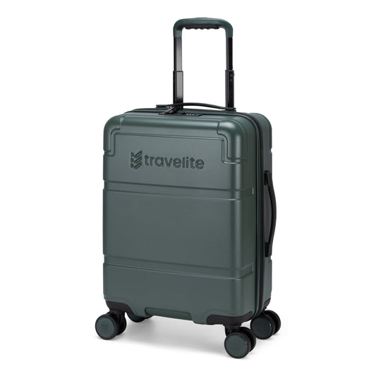 Product Image – Travelite Itinerary Hardside Spinner Carry-on, dark green with TSA lock, 4 wheels, and front logo.