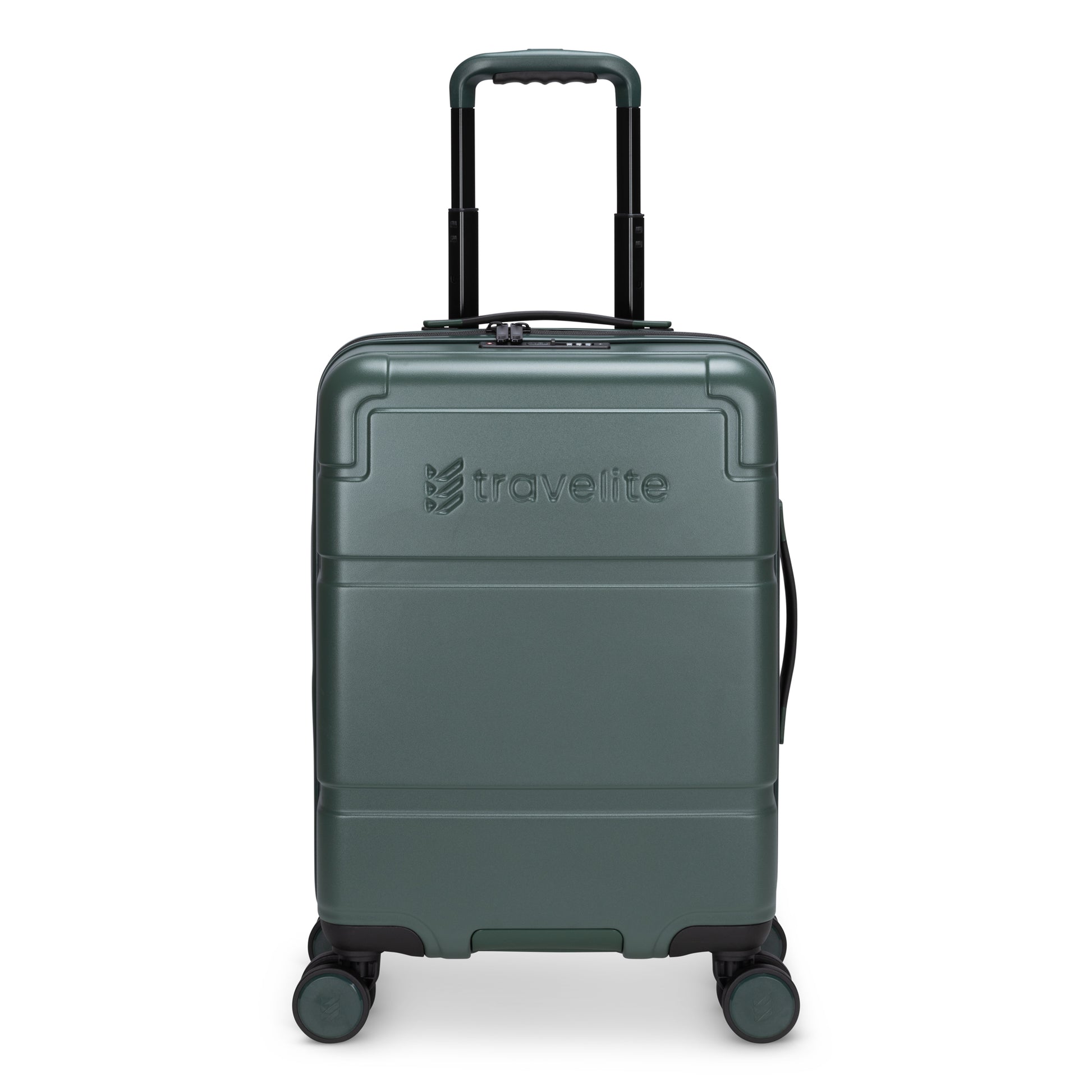Travelite Itinerary Hardside Spinner Carry-on: dark green, four wheels, telescopic handle, lightweight.