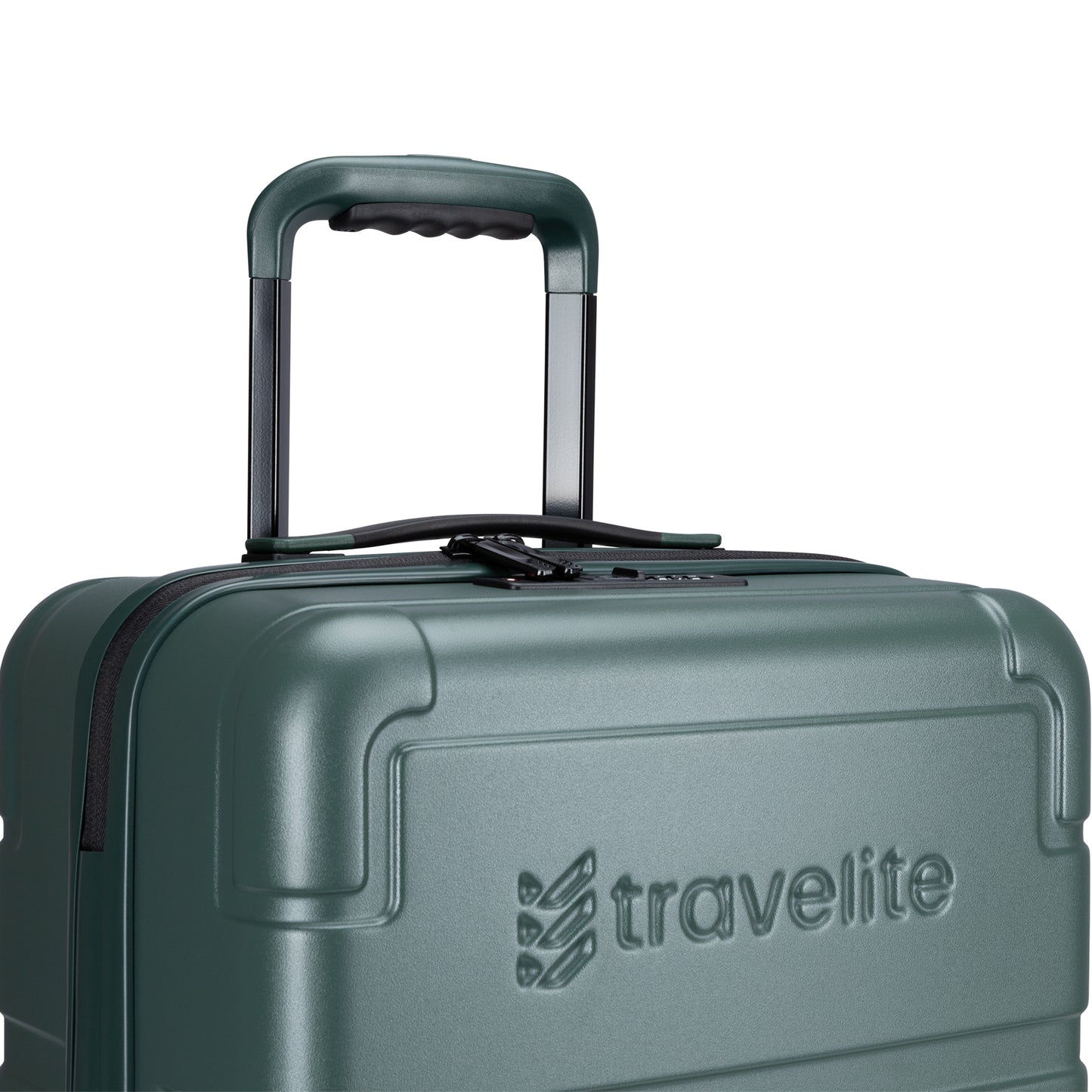 Close-up of Travelite Itinerary Hardside Spinner Carry-on in green with black handle and logo.