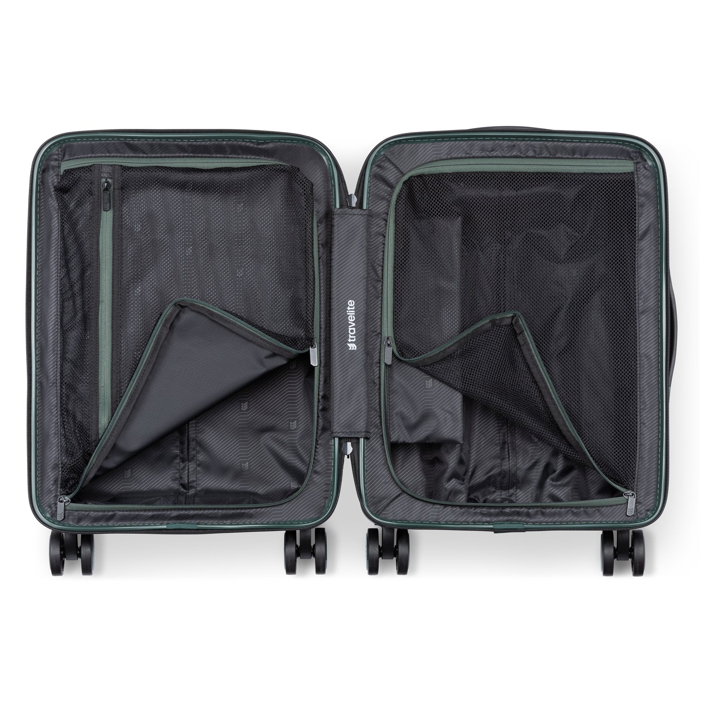 Travelite Itinerary Hardside Spinner Carry-on with mesh zip compartments and 4 wheels, viewed from above.