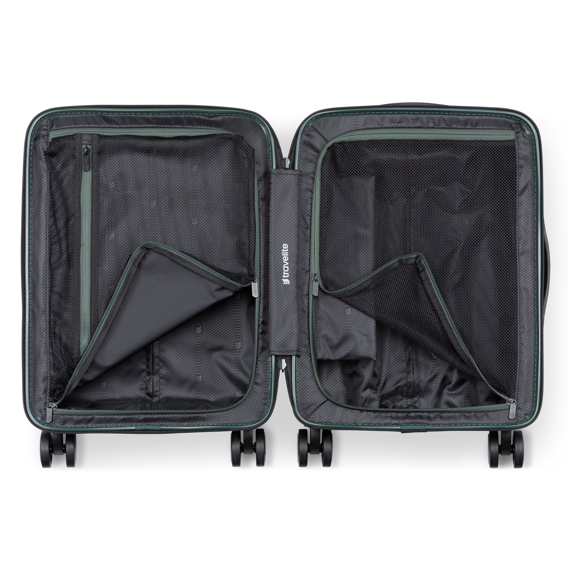 Travelite Itinerary Hardside Spinner Carry-on with mesh zip compartments and 4 wheels, viewed from above.